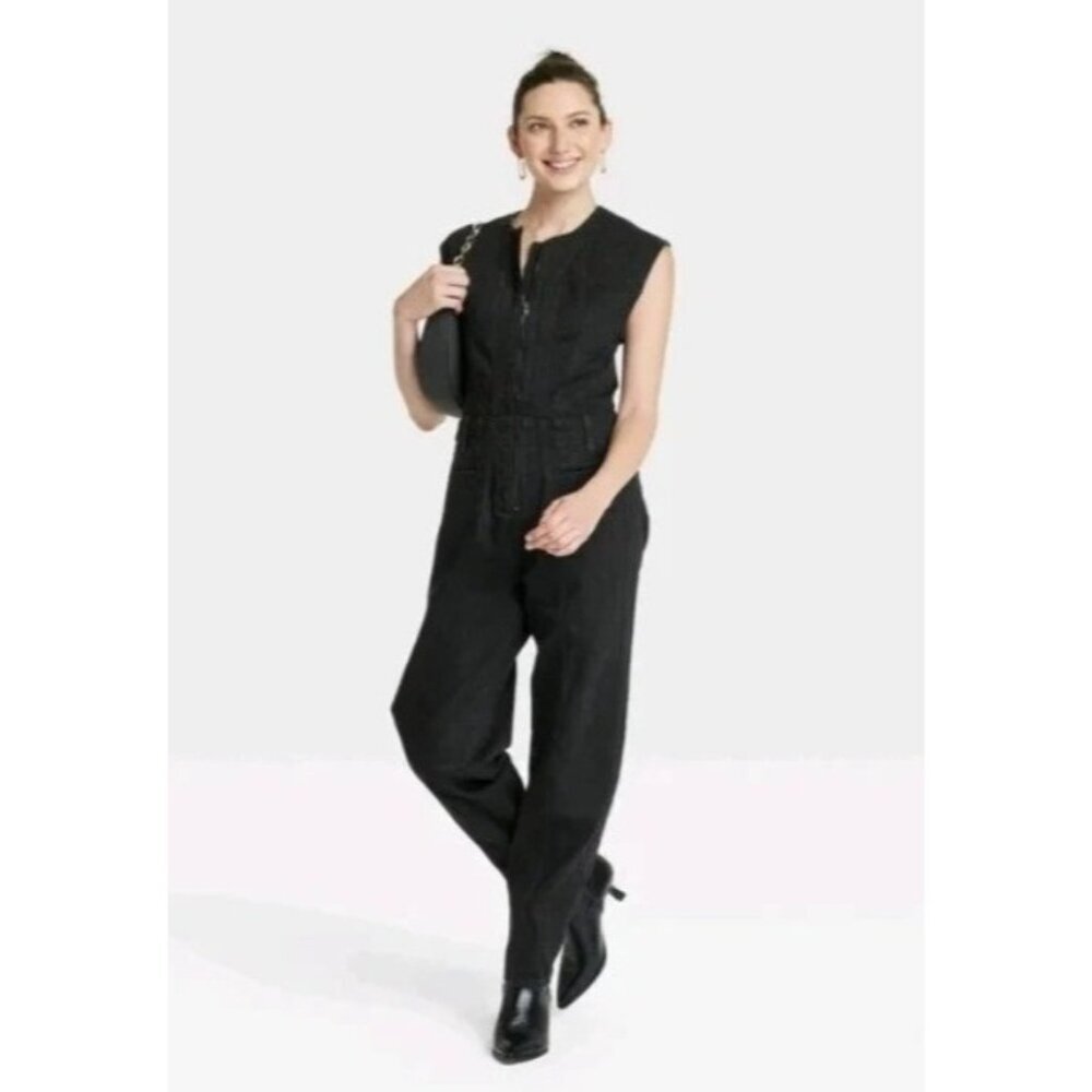 Universal Thread Women's 2 Sleeveless Denim Jumpsuit Black Zip Front N0805